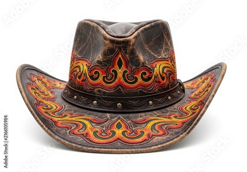 Decorative cowboy hat with flame designs isolated on white background