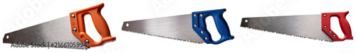 Foto Three hand saws with orange, blue, and red handles isolated on a white backgroun