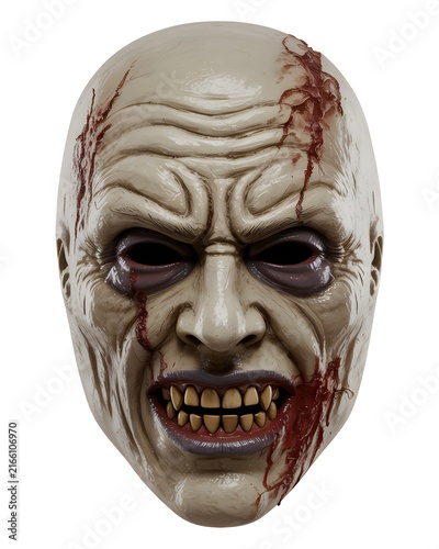 Creepy scary zombie mask with bloody wounds and yellow teeth against white