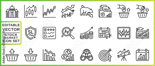 Stock Market Icons Set Linear Vector Illustration On Light Green Background