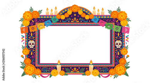 Canvastavla Dia de los Muertos decorative frame with marigolds and skulls