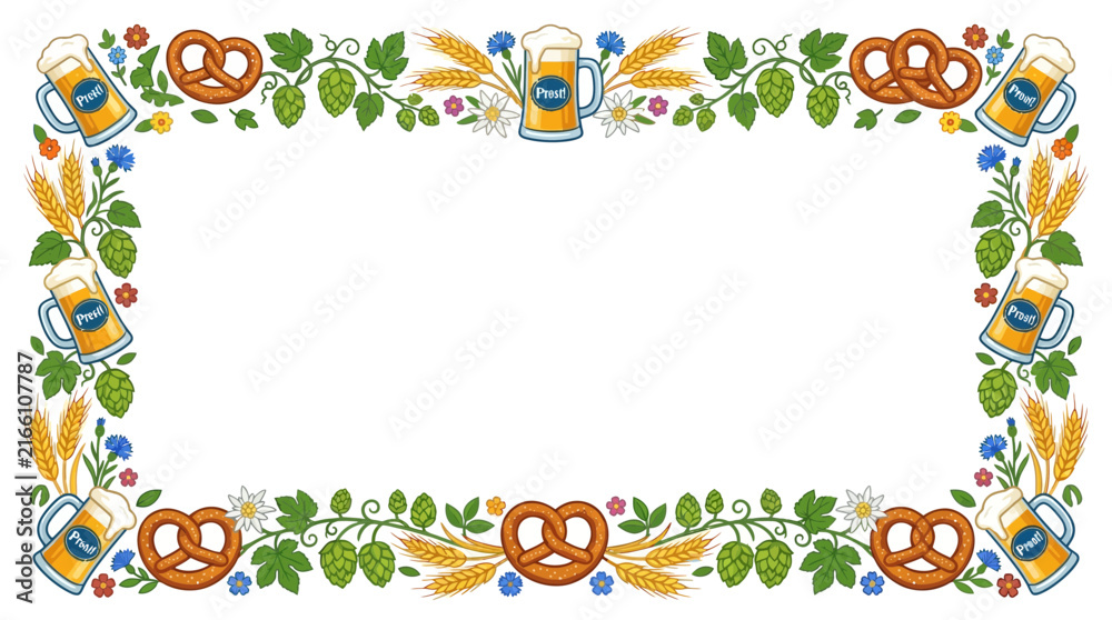 Naklejka premium Beer Festival Decorative Border with Pretzels and Wheat