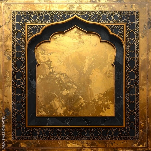 Luxury Islamic Frame Templates - Gold & Black Ornate Mughal Borders, Mamluk Safavid Zellige Mashrabiya Design, Premium Copy Space for Invitations.