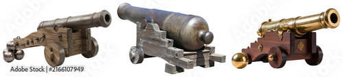 Three antique cannons with cannonballs, isolated on a white background