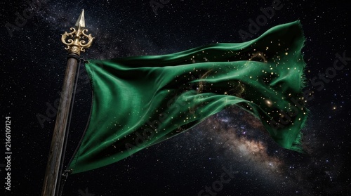 Green Flag Waving Against Starry Space Background