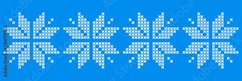 Blue and white Christmas cross stitch border with snowflake embroidery pattern. Vintage folk decorative seamless design for greeting card, wrapping paper, textile, packaging, holiday branding. Vector 