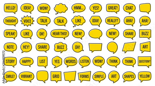 Vibrant yellow speech bubble icons featuring various creative shapes for digital communication and social media design