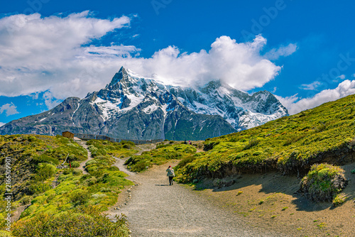 Fotografie A lone hiker walks on a gravel path through green hills towards the massive snow-covered Paine Grande mountain in Torres del Paine