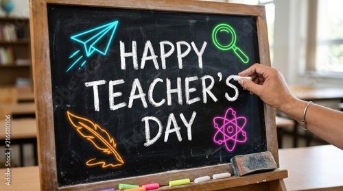 Hand Drawing Happy Teachers Day on Chalkboard