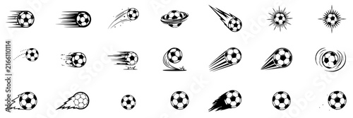 Soccer balls set with dynamic motion blur featuring kicking, spinning, flying, rolling with speed lines and impact trails