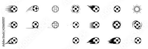 Soccer balls set with dynamic action trails featuring motion blur, rotation, and speed lines with black and white design and vector graphics