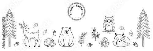 Forest elements set with deer, owl, bear featuring fox, hedgehog, trees with acorns, mushrooms and leaves