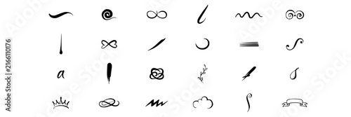 Calligraphy strokes set with elegant swirls featuring loops, curves, flourishes with lines and dots