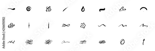 Calligraphy strokes set with elegant swirls featuring loops, curves, flourishes with dots and lines
