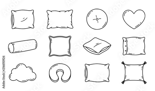 Fotografía Doodle Pillow Icon Set with Square, Round, Bolster, and Heart Cushion Shapes for