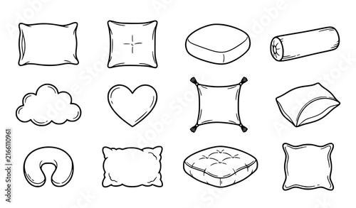 Cuadro en lienzo Hand Drawn Pillow Icon Set with Cushion, Bolster, Neck Pillow, and Heart Shapes