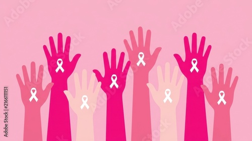 Diverse Hands Raising for Breast Cancer Awareness