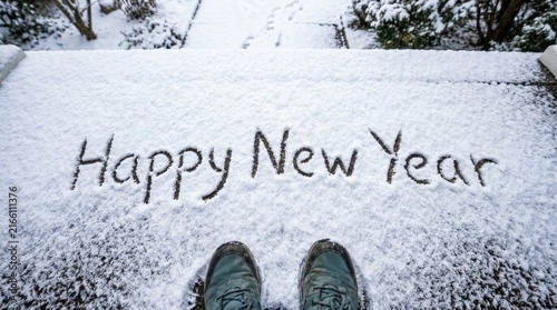Happy New Year Written in Snow with Boots