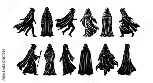 Silhouettes of hooded figures in cloaks a flat vector illustration