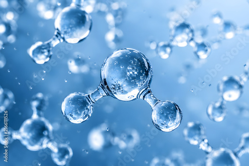 Water Molecules H2O Macro Structure with Molecular Bonds and Blue Scientific Background
