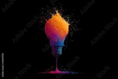 Exploding lightbulb, vibrant colors, creative concept