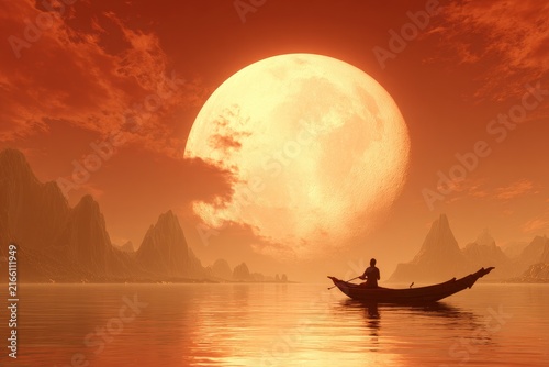 Silhouette of a rower in a small boat under a large, orange moon