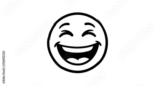 Obraz na plátne Simple black and white line art drawing of a happy laughing face emoji with closed eyes and a wide open mouth, expressing joy and humor