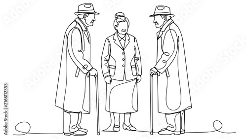Elderly people talking. Continuous one line drawing of grandfathers with canes and a grandmother