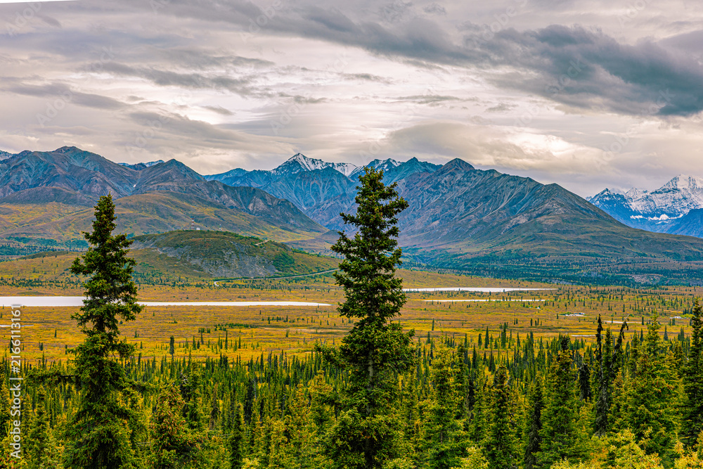 Fototapeta premium Autumn tundra stretches toward snow-capped Chugach peaks along Alaska's Glenn Highway.