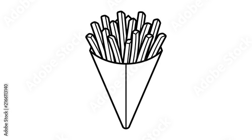 French fries in a paper cone wrapper in black and white outline. Hand-drawn line art vector illustration for fast food, snack, and restaurant menu concepts.