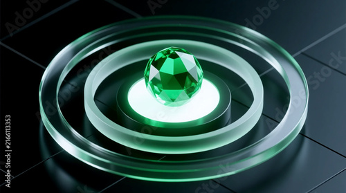 Isometric 3D render of concentric glass target rings framing glowing green gem representing strategic core of Policy business Innovation and Governance