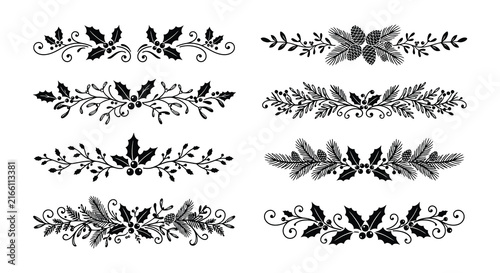Foto Collection of black vector holly and pine branch ornaments on white background