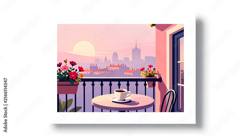 Obraz premium Serene City Morning: A tranquil balcony view of a city skyline at sunrise, with a steaming cup of coffee on a small table, surrounded by vibrant flowers.