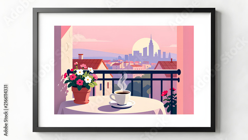 Balcony Serenity with Cityscape View: A tranquil balcony scene featuring a steaming cup of coffee on a table adorned with a potted flower.