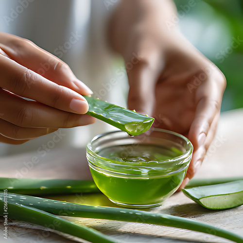 Hands squeezing aloe vera leaf into a glass bowl, close-up shot