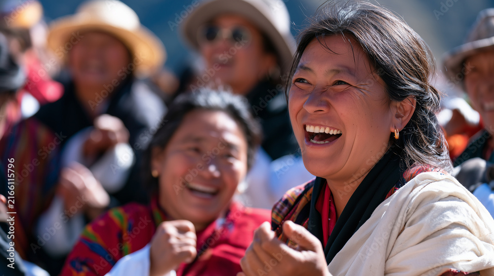 Obraz premium Cheerful Bhutanese Women Celebrating Together During the Annual Laya Highland Festival Event