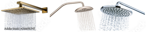 Фотография Collection of modern shower heads spraying water, featuring rain and standard designs in various metallic finishes