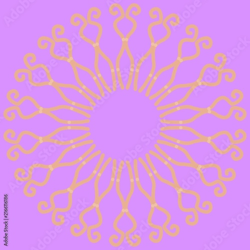 Symmetrical intricate mandala, beige filigree scrollwork on lavender background