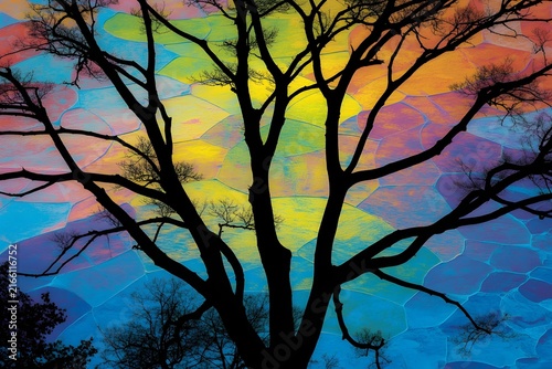 Silhouetted bare tree branches against colorful abstract painted sky backdrop