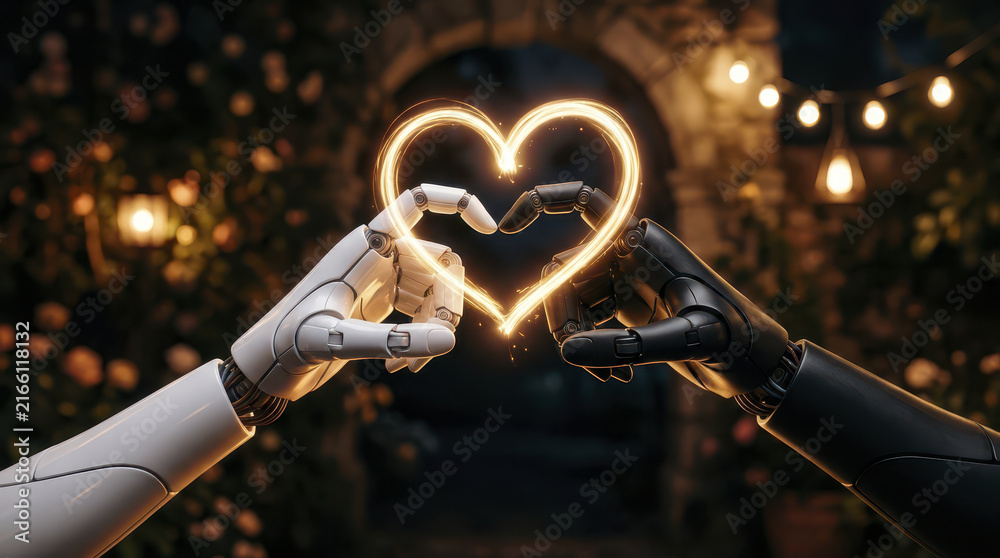 Naklejka premium Robotic hands form glowing heart symbolizing collaboration and connection in romantic garden setting
