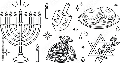 Cuadro en lienzo Hanukkah vector icon set featuring traditional Jewish holiday line art symbols including menorah candles dreidel star of David gelt coins and sufganiyah donuts