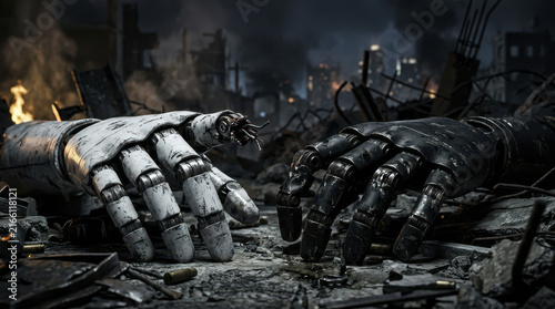 Two robotic hands lie amidst desolate landscape, symbolizing collaboration in post apocalyptic world