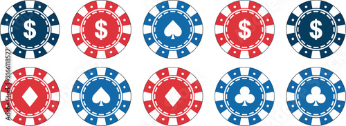 Casino chip coin icon set featuring gambling tokens, casino chips and gaming symbols in clean outline, solid and colorful vector styles for casino, entertainment and gaming design.
