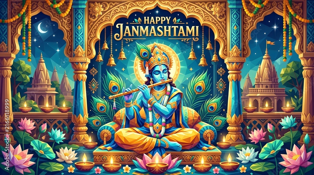 Fototapeta premium Lord krishna playing flute during janmashtami festival celebrations