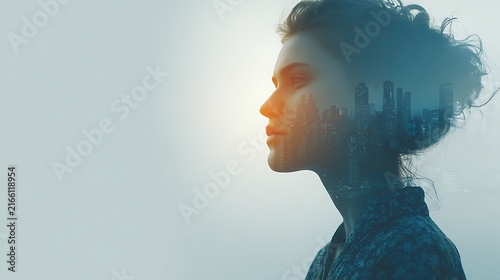 Double exposure of woman s profile superimposed on a futuristic cityscape at sunset