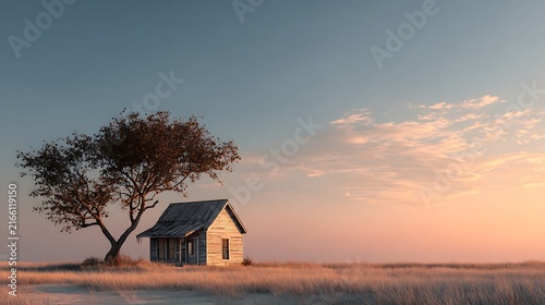 Old wooden house and dry tree in golden field at sunset. vast sky with clouds. serene landscape