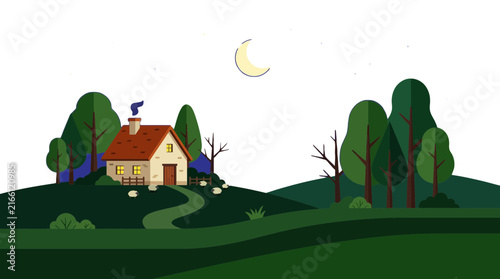 Cozy Cottage Landscape Vector Illustration