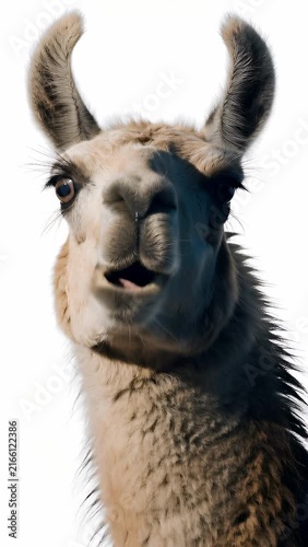 video featuring a front-facing llama portrait looking directly into the camera lens, isolated on a solid white background. The llama moves its jaw in a slow, rhythmic chewing motion