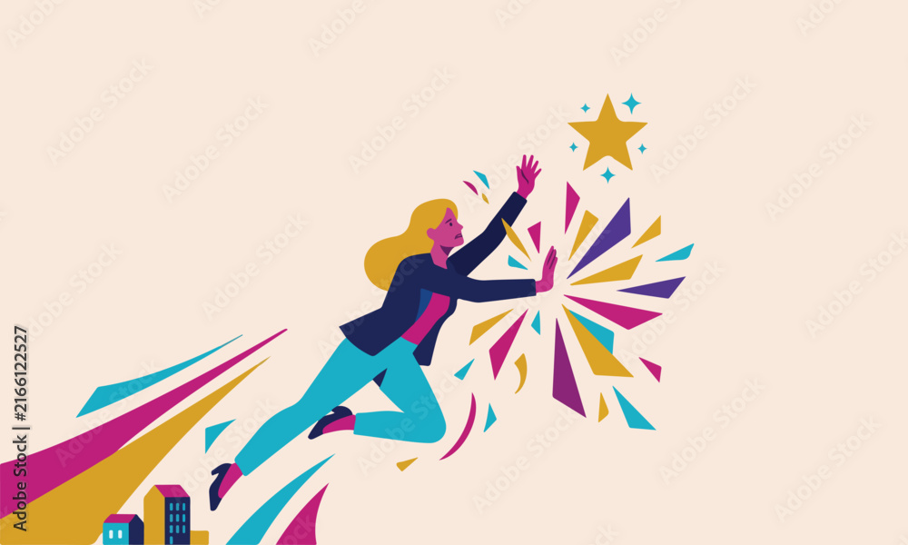Obraz premium Dynamic business growth illustration. Woman reaching toward a shining star with colorful success and progress elements.