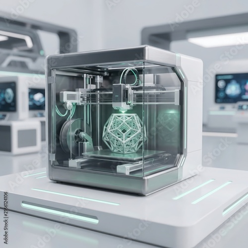 Modern 3D printer creating complex geometric metal object